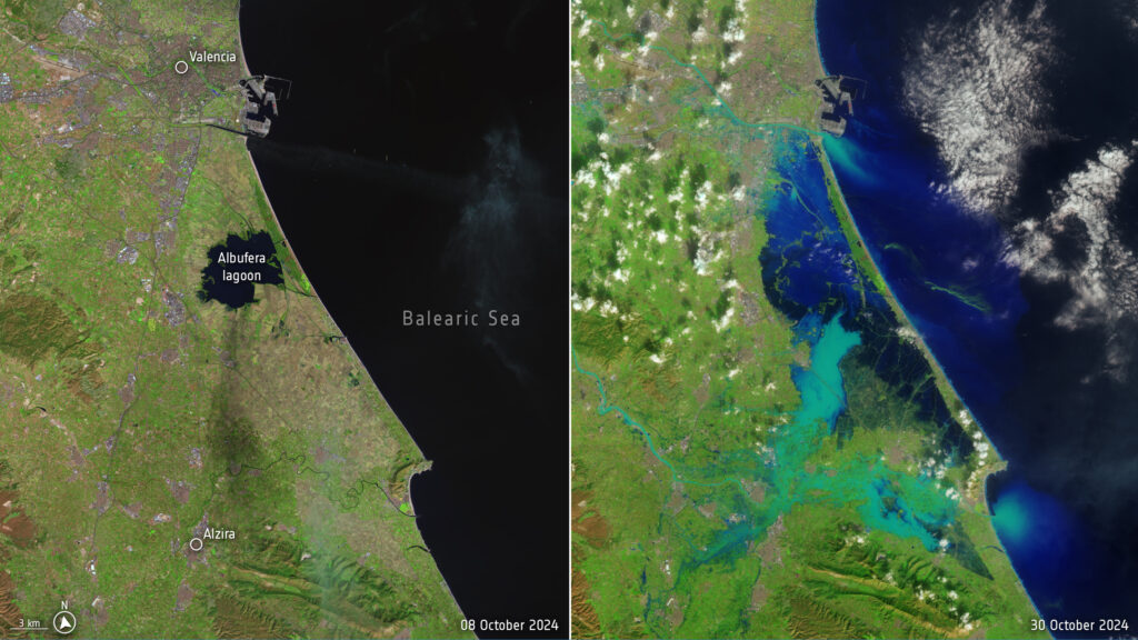 Satellite imagery provided by ESA.int reveals the stark contrast in Valencia’s landscape before and after the devastating DANA event. The images vividly illustrate the critical role of the Albufera wetlands in mitigating the flood's impact by containing excess water. 